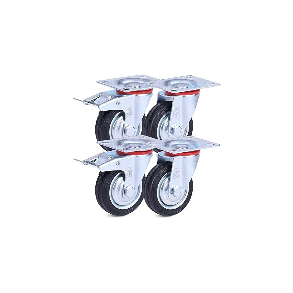 H&S 4 Castor Wheels Heavy Duty 75mm Rubber Swivel Trolley Furniture Caster With Brakes Black