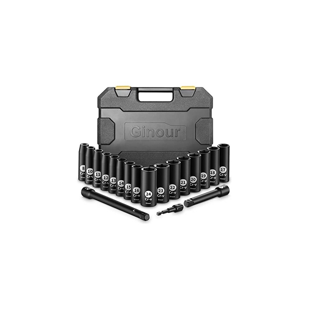 Impact Socket Set 1/2-Inch, ginour 19PCS Drive Master Deep Impact Socket Set 8mm - 24mm, Metric, CR-V, 6 Point, with 3pcs Drive Impact Extension Bar