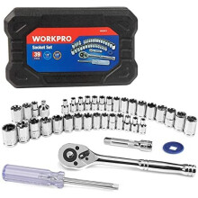 WORKPRO 39-Piece Drive Socket Set 1/4''3/8'', CR-V Metric and Imperial Sockets with Quick-Release Ratchet Wrench, Compact Sockets Set for Car Repair