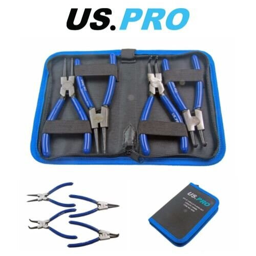 US PRO 4-Piece 6in Circlip/Snap Ring Pliers Set (Internal/External, Bent/Straight) Chrome Vanadium, Spring-Loaded Handles 2059