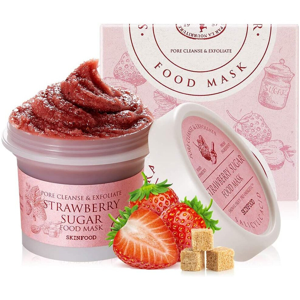 SKINFOOD Mask Strawberry Sugar 120g - Facial Pore Cleanser, Hydrating & Nourishing Body Skin - Wash Off Face Masks w/BHA Pore & Sebum Clearing