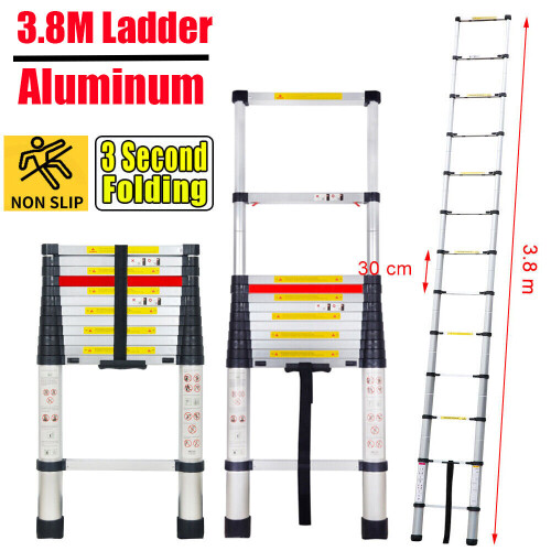 3.8M Aluminium Telescopic Ladder One Button Retraction Multi-Purpose