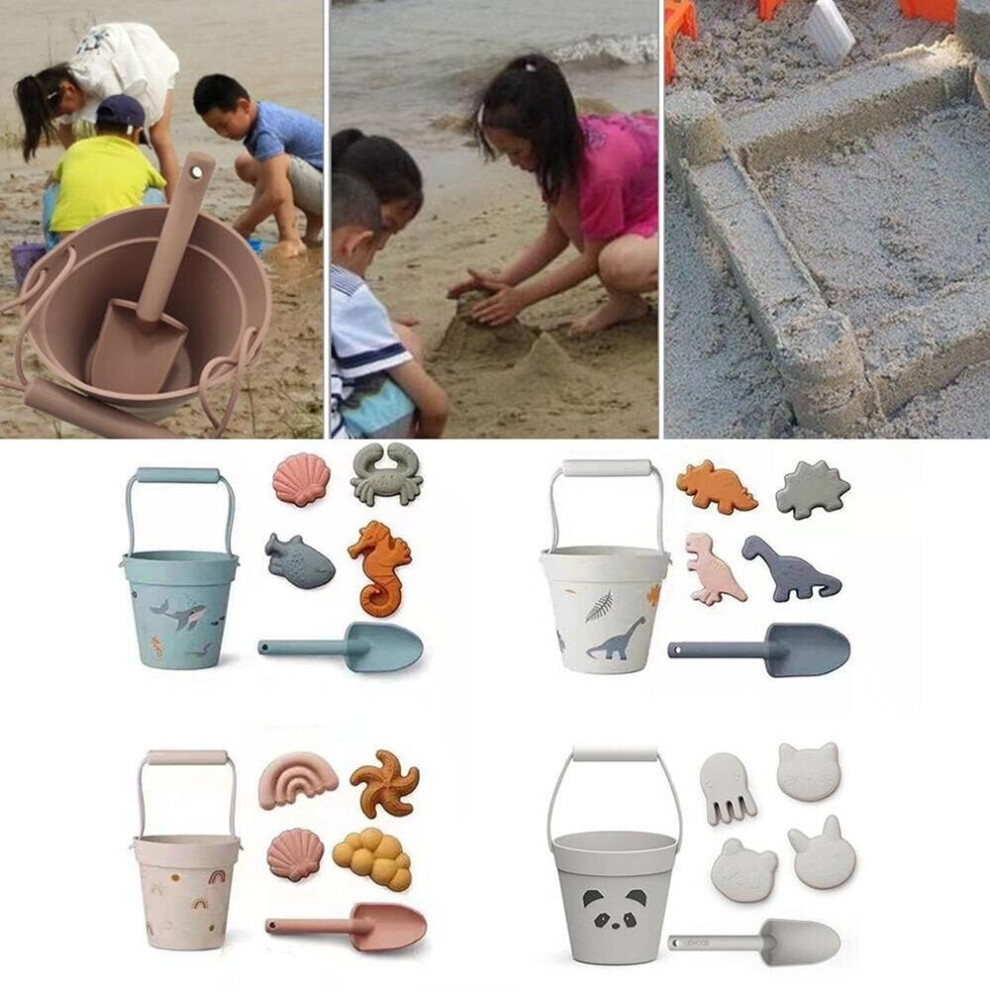 (Dinosaur) 6PCS Beach Sand Glass Beach Bucket Shovel Sand Dredging Tool Educational Puzzle Playing Toy Set for Kids Gift