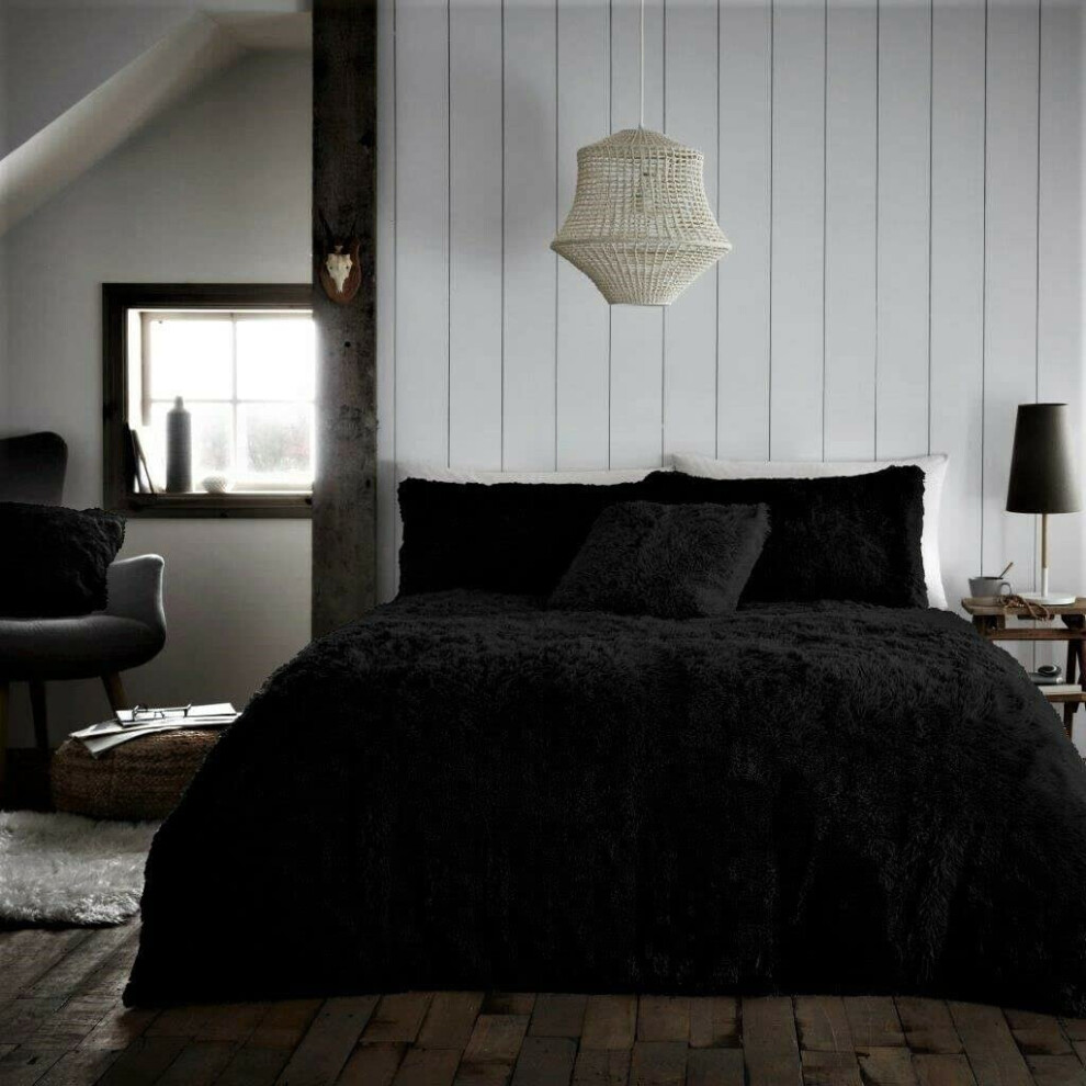 (Black King) Luxury Super Soft HUG & SNUG Long Pile Fleece Fluffy Fur Duvet