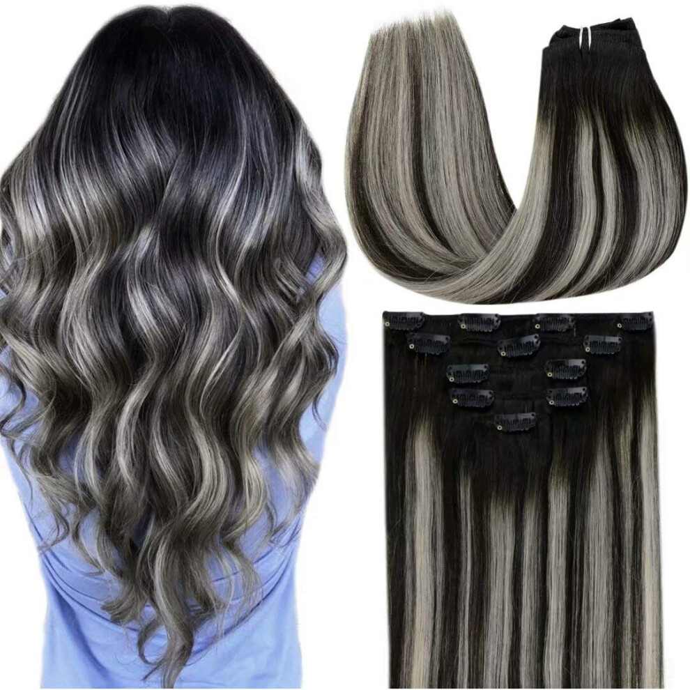 Hair Extensions Clip in Human Hair Silver, LaaVoo Remy Hair Extensions Clip in Human Hair Ombre Off Black to Silver Balayage Clip in Hair Extensions