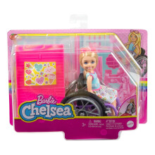 Mu  eca Barbie Chelsea y silla de ruedas con ruedas m  viles, hoja de pegatinas para rampa y accesorios, mu  eca peque  a con cabello rubio