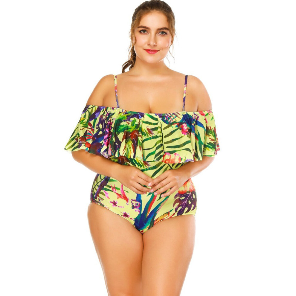 (Colorful, XL) Sexy Women Floral Print Strappy Swimsuit One Piece Ruffle Trim Padding Beachwear Monokini