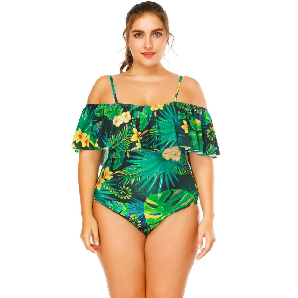 (Green, 2XL) Sexy Women Floral Print Strappy Swimsuit One Piece Ruffle Trim Padding Beachwear Monokini