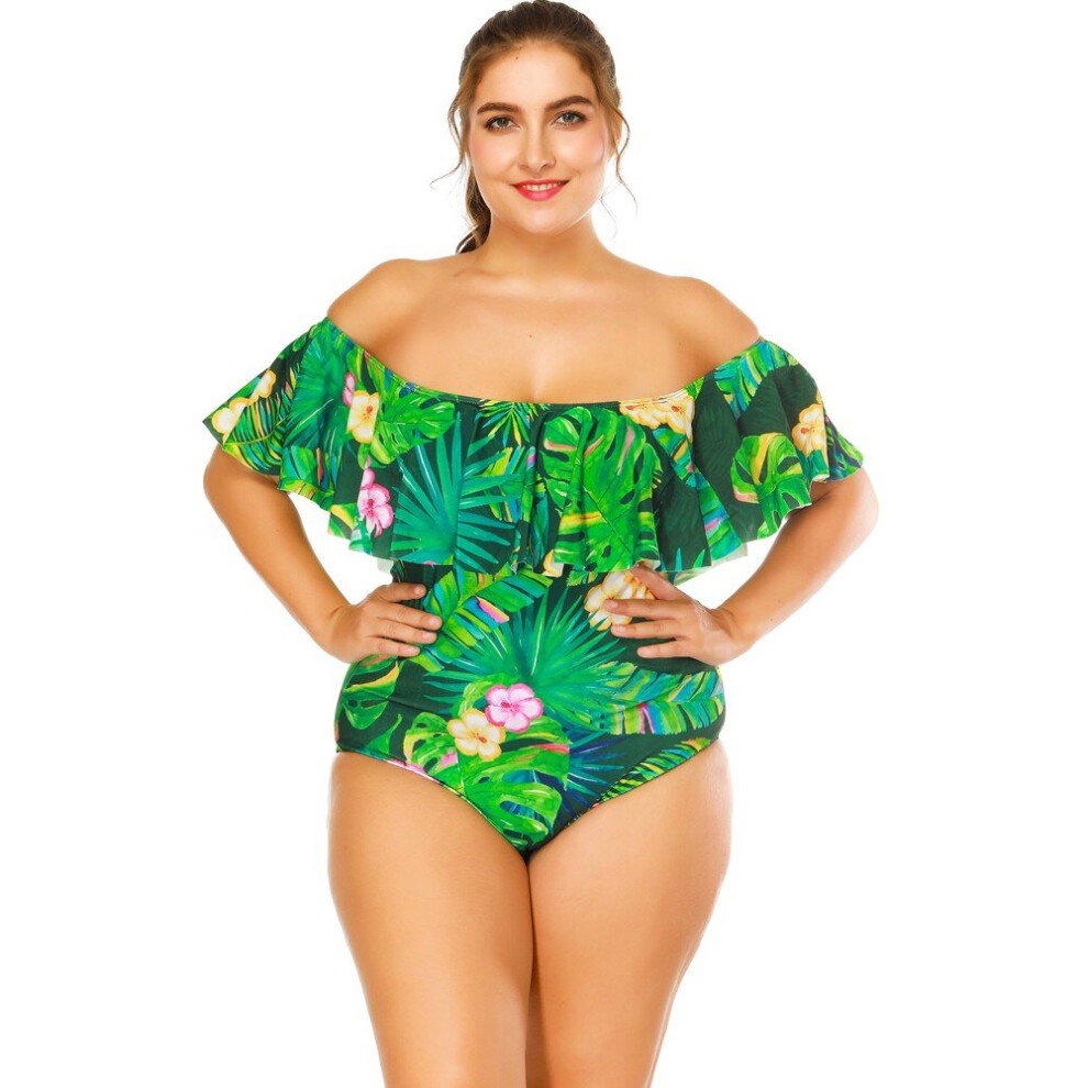 (Green Flower, 3XL) Sexy Women Floral Print Strappy Swimsuit One Piece Ruffle Trim Padding Beachwear Monokini