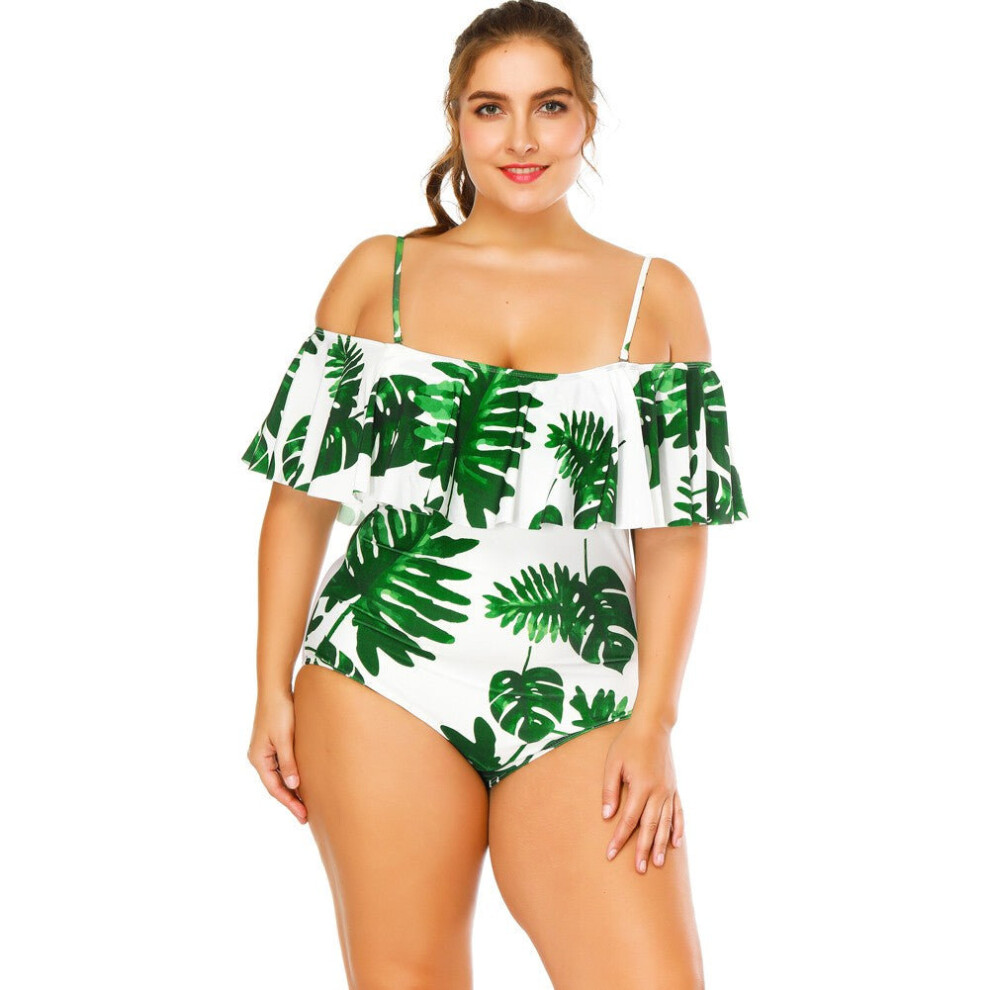 (Green White, 3XL) Sexy Women Floral Print Strappy Swimsuit One Piece Ruffle Trim Padding Beachwear Monokini