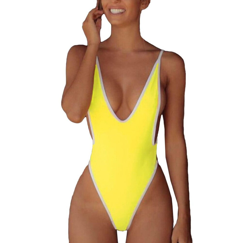 (Yellow, L) Women One-piece Swimsuit Plunge V Neck Solid High Cut Thong