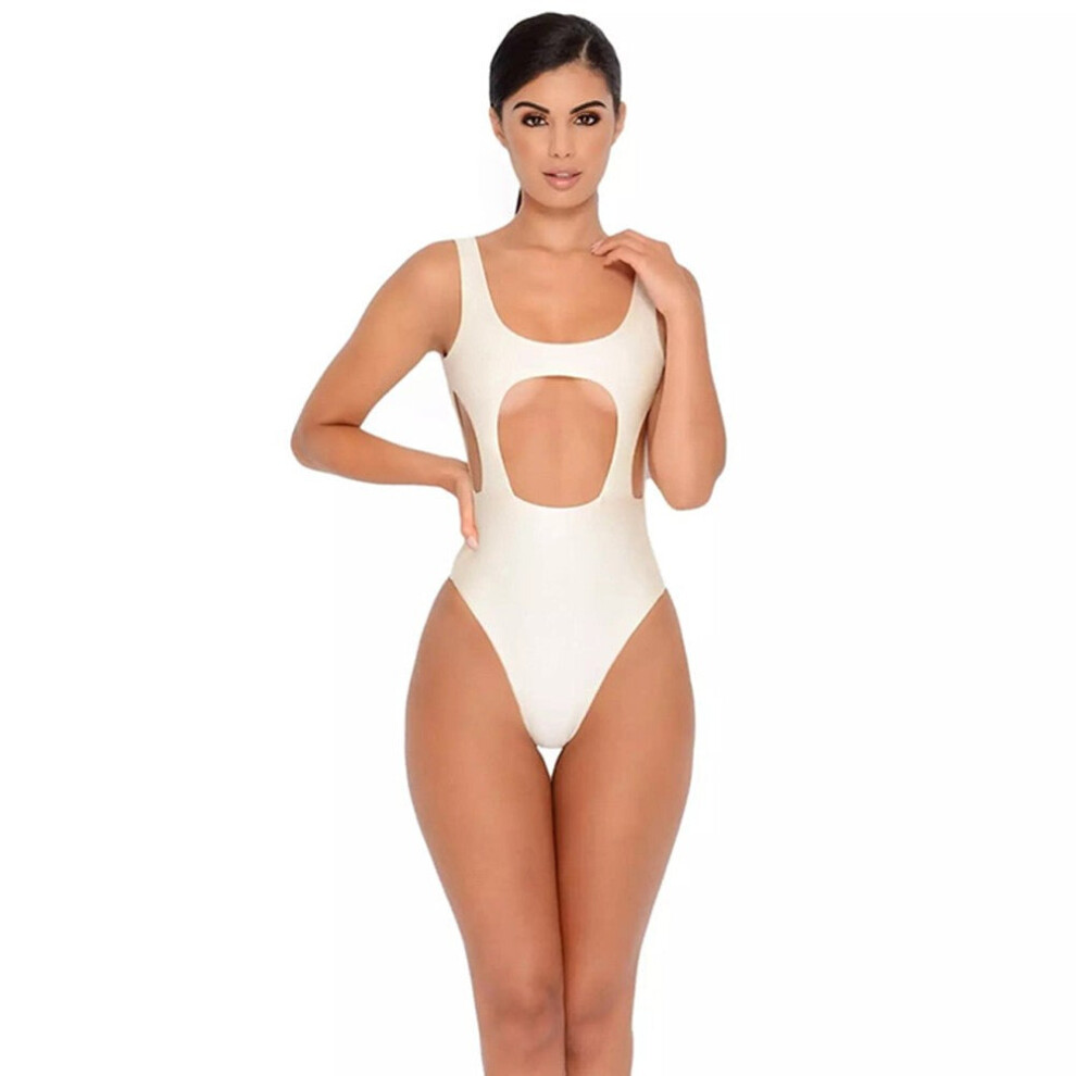 (White, S) Women One Piece Swimsuit Cut Out Backless Padding Sleeveless Swimwear