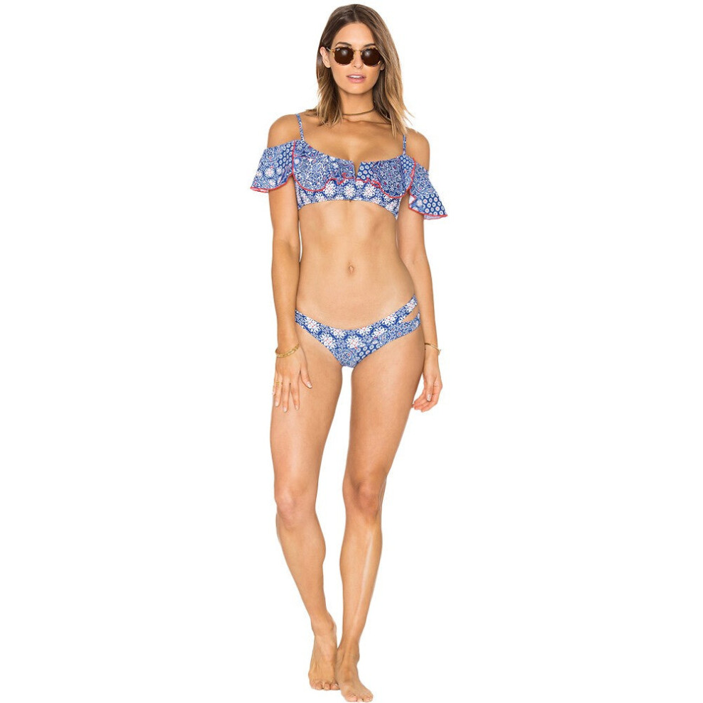 (L) Women Ruffles Vintage Print Cut Out Bottom Low Waist Padded Two Piece Swimsuit