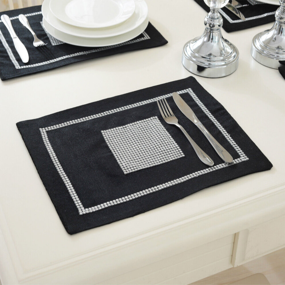 (Black, 4PCS) Time to Sparkle Luxury Velvet Diamante Placemat Table Mats Thick Velvet Satin