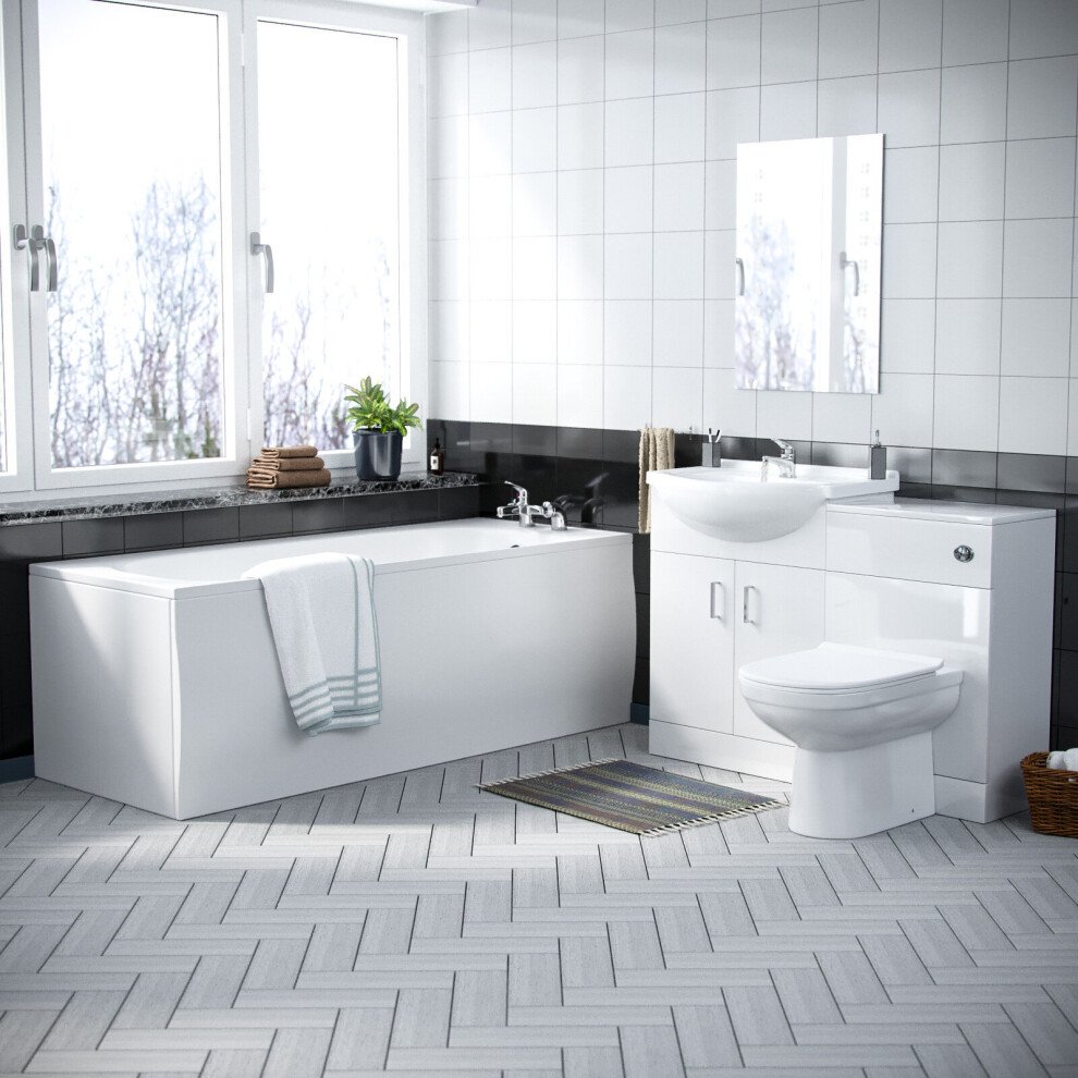 Ellen 1700mm Bath, 620mm White Vanity, Basin, BTW Toilet & WC Unit - Flat Pack