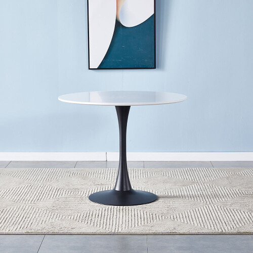 Living And Home (White&Black) Modern Round Wooden Table with Metallic Base 1