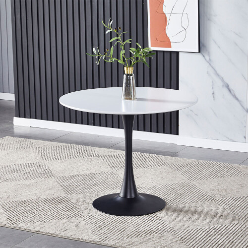 Living And Home (White&Black) Modern Round Wooden Table with Metallic Base