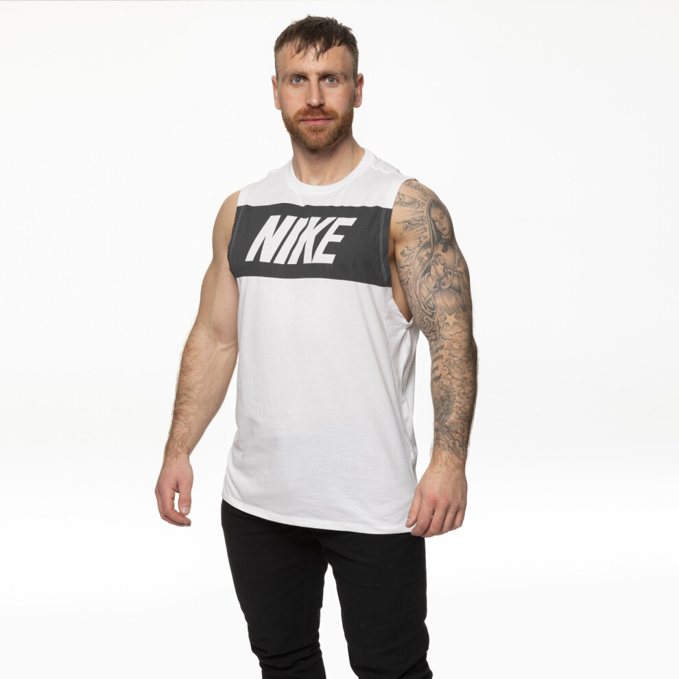 (834733 Nike Mens Vest [White,S]) Nike Mens Vest Retro Big Logo Sports Gym Sleeveless Tank Top