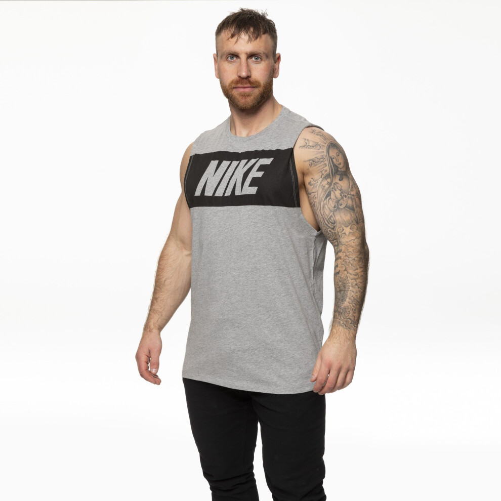 (Grey, S) Nike Mens Vest Retro Big Logo Sports Gym Sleeveless Tank Top