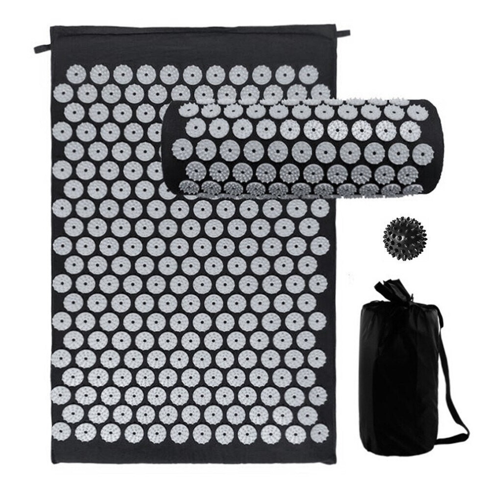 (Black) Acupressure Mat and Pillow Set with Spiky Massage Ball Carry Bag for Back Neck Pain Stress Relief