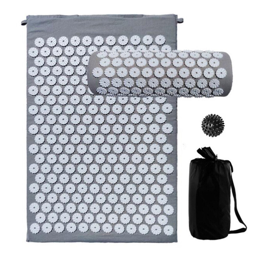 (Grey) Acupressure Mat and Pillow Set with Spiky Massage Ball Carry Bag for Back Neck Pain Stress Relief