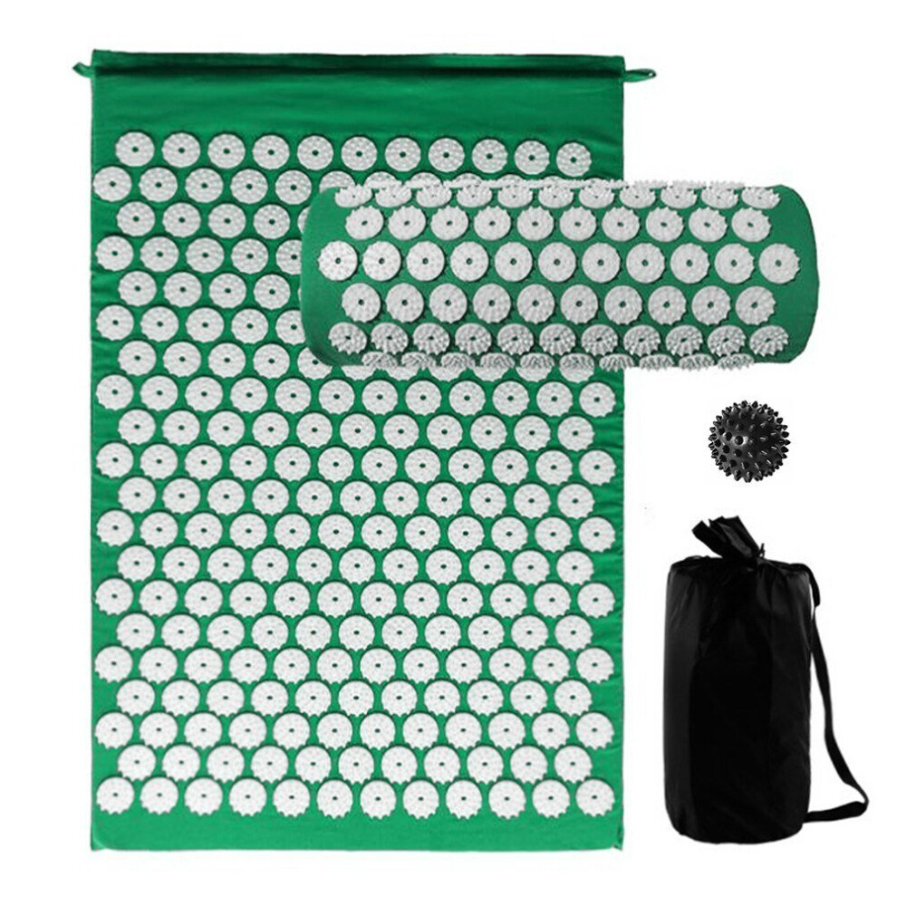 (Green) Acupressure Mat and Pillow Set with Spiky Massage Ball Carry Bag for Back Neck Pain Stress Relief