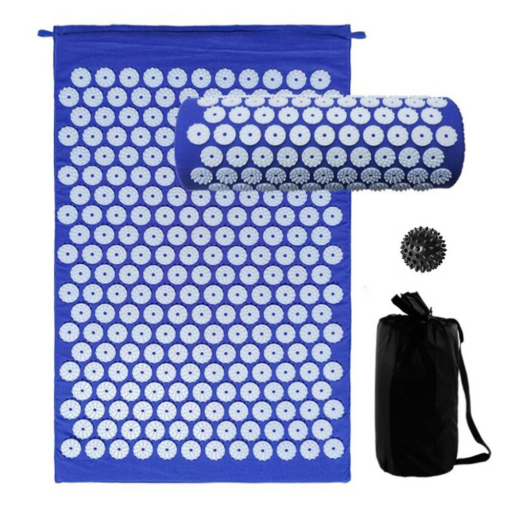 (Blue) Acupressure Mat and Pillow Set with Spiky Massage Ball Carry Bag for Back Neck Pain Stress Relief