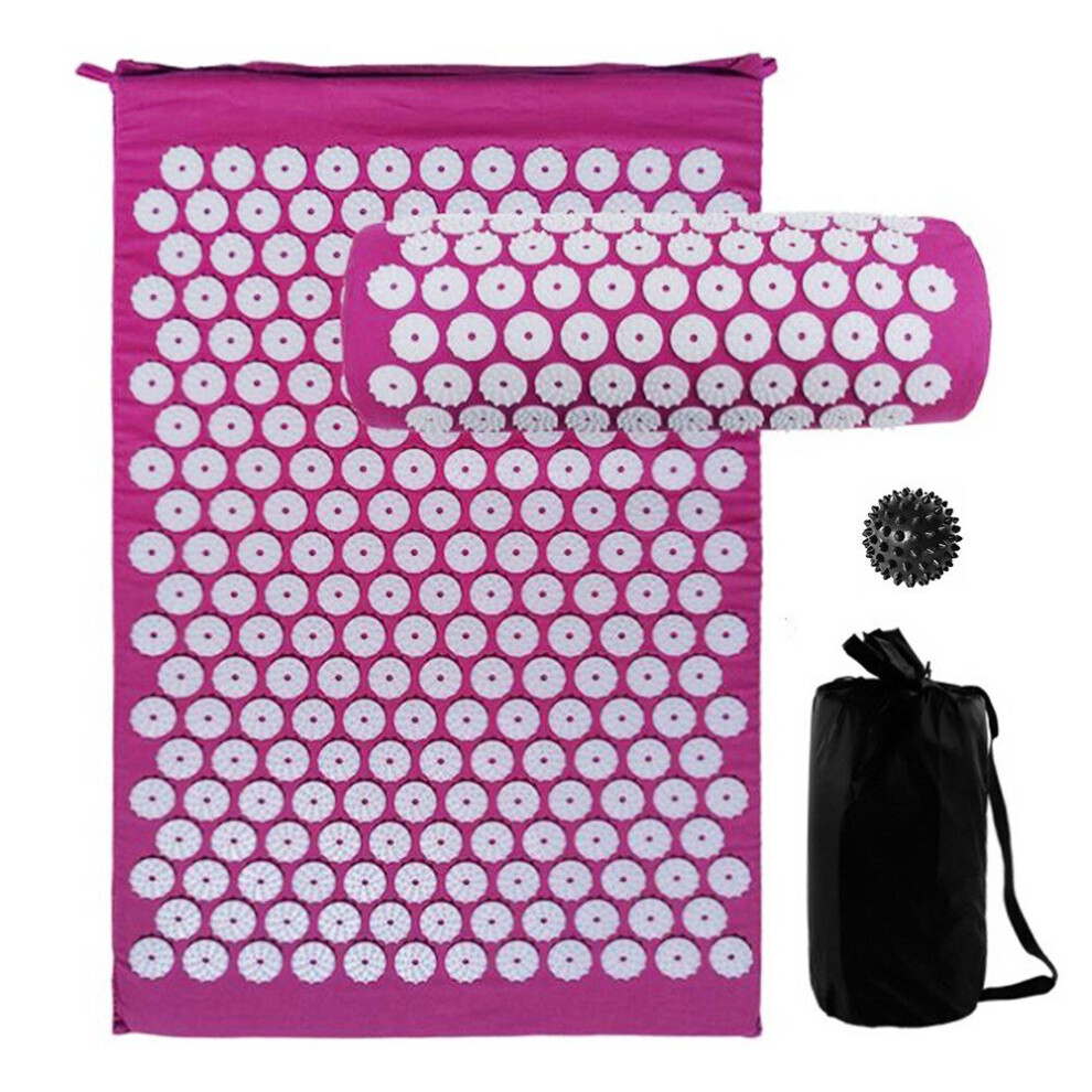 (Purple) Acupressure Mat and Pillow Set with Spiky Massage Ball Carry Bag for Back Neck Pain Stress Relief