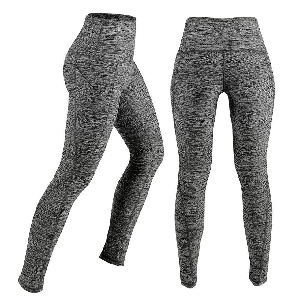 (Grey, L) Women's High Waist Yoga Pants Tummy Control Workout Running 4 Way Stretch Leggings Tights with Pocket