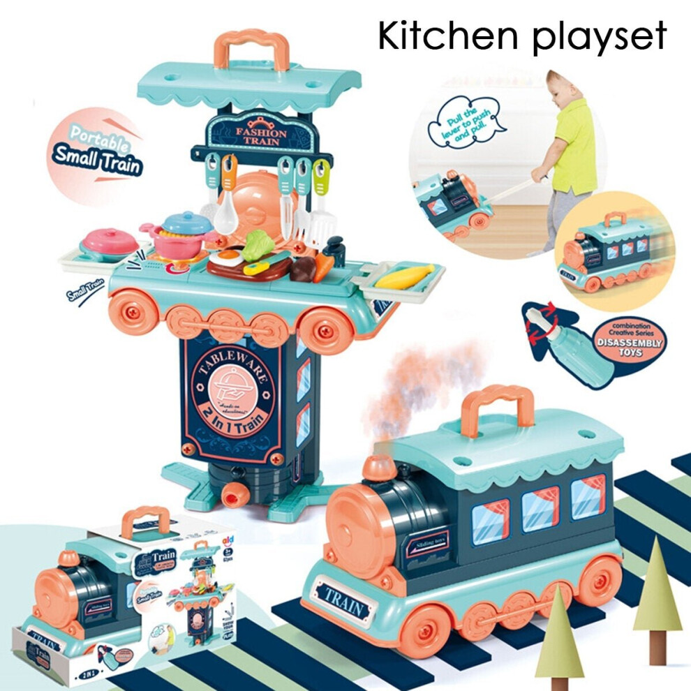 (Kitchen playset) 2 IN 1 Multi-style Kitchen Cooking Play and Portable Small Train Learning Set Toys for Kids Gift