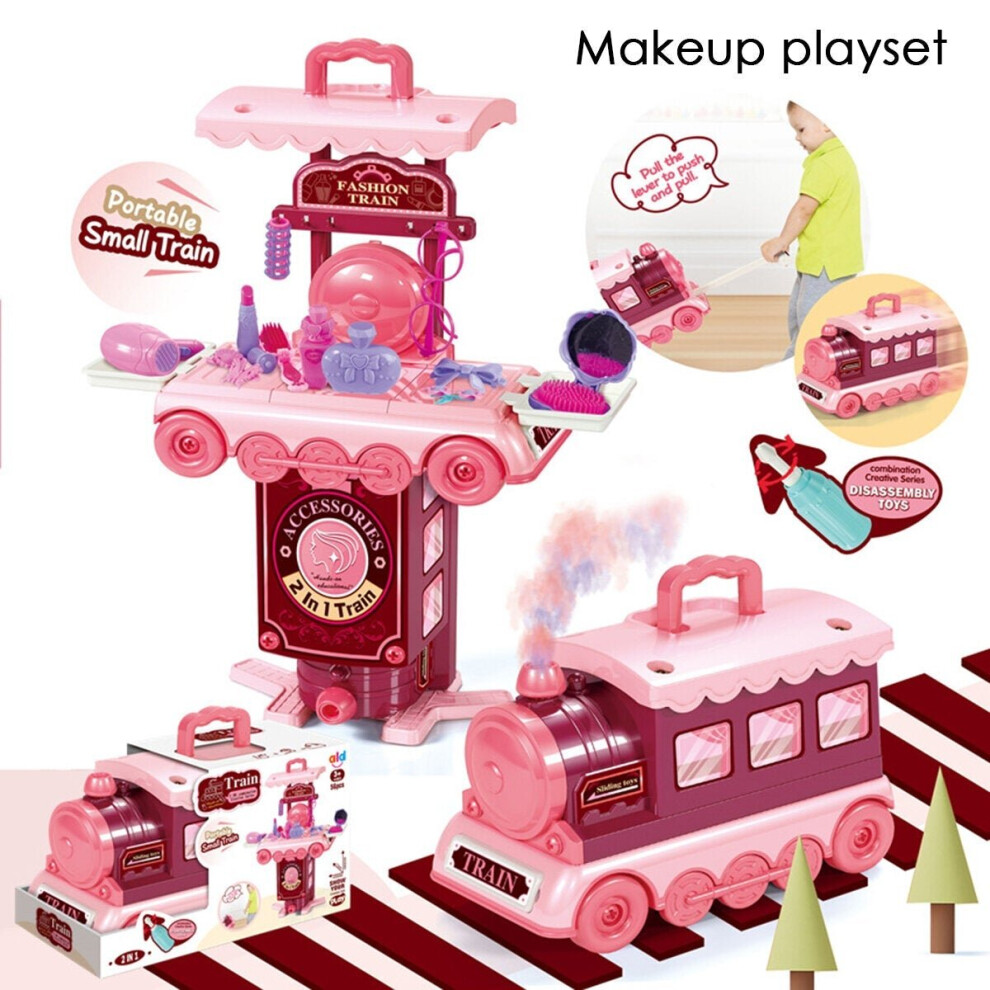 (Makeup playset) 2 IN 1 Multi-style Kitchen Cooking Play and Portable Small Train Learning Set Toys for Kids Gift