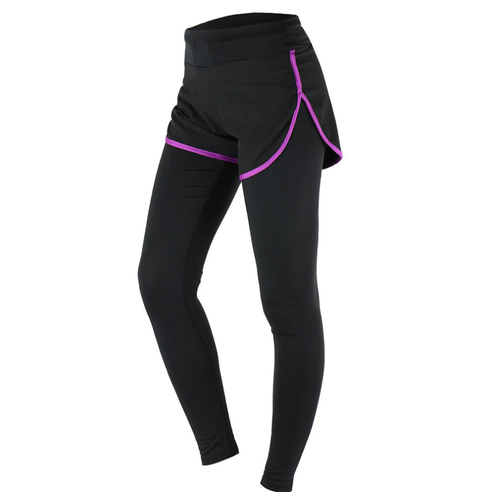 (Purple, S) Women's Gym Sport Yoga Leggings Fake Two Piece Slim Full Length Pants