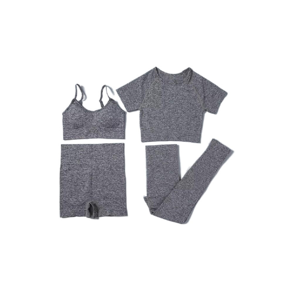 (Grey, S) Women Seamless Yoga Set Short Sleeve Crop Top High Waist Sport Leggings Suit Pack 4