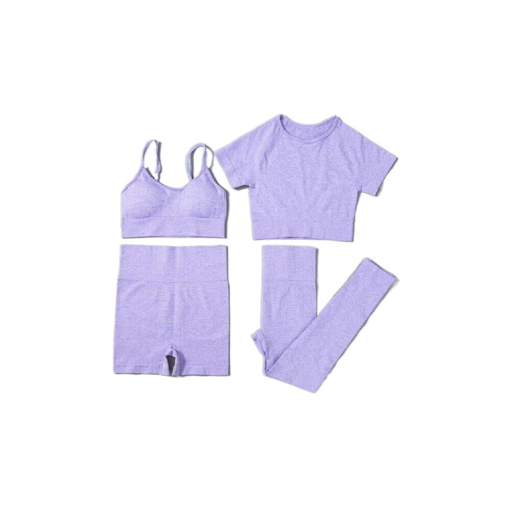 (Purple, S) Women Seamless Yoga Set Short Sleeve Crop Top High Waist Sport Leggings Suit Pack 4
