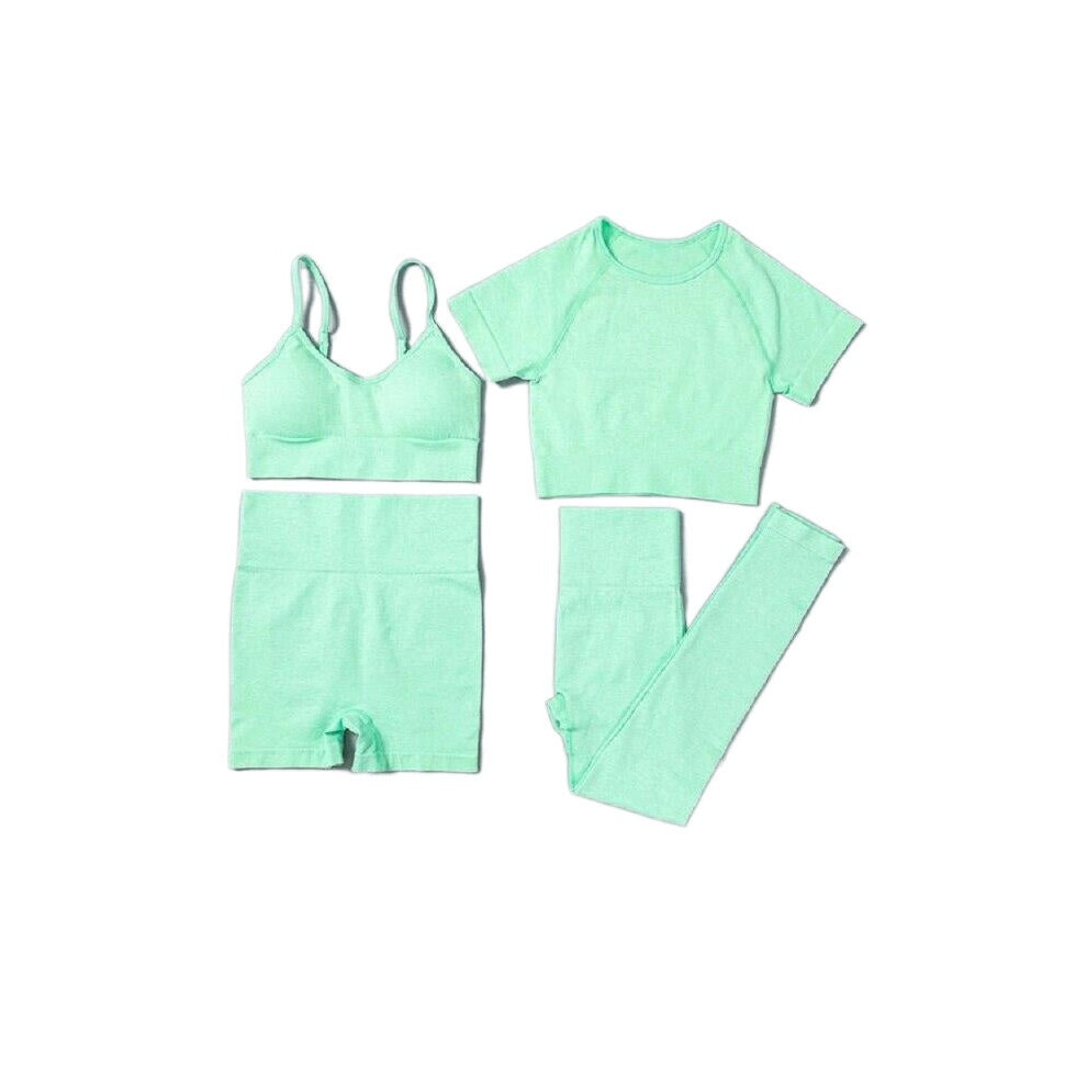 (Green, S) Women Seamless Yoga Set Short Sleeve Crop Top High Waist Sport Leggings Suit Pack 4