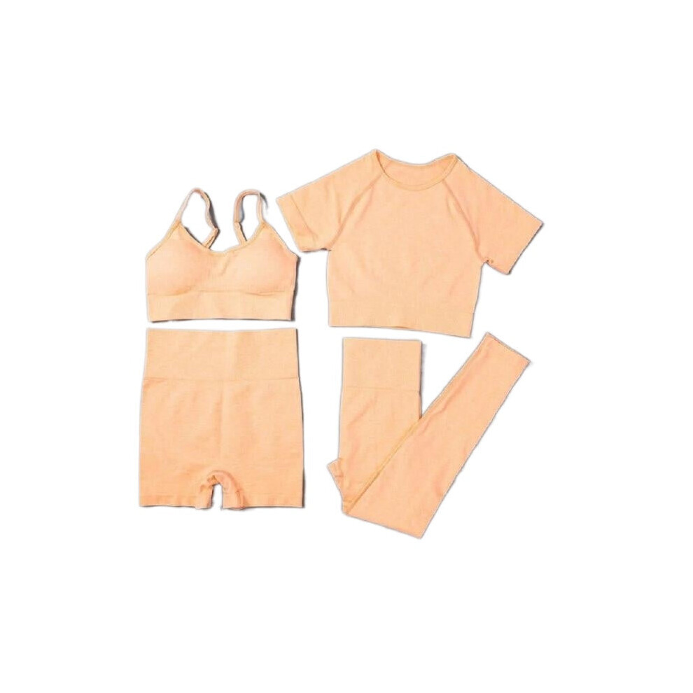 (Orange, M) Women Seamless Yoga Set Short Sleeve Crop Top High Waist Sport Leggings Suit Pack 4