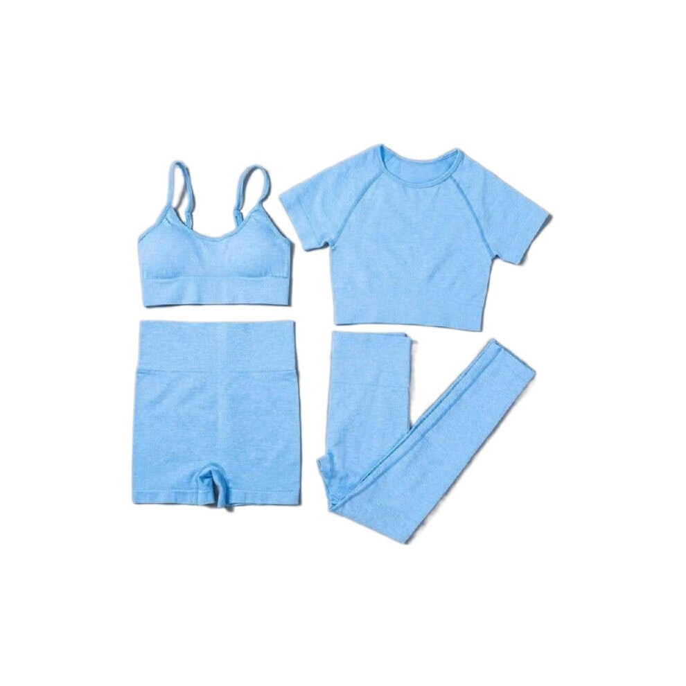 (Blue, S) Women Seamless Yoga Set Short Sleeve Crop Top High Waist Sport Leggings Suit Pack 4