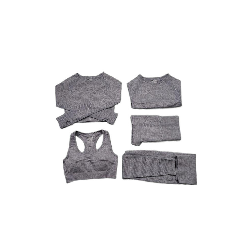 (Grey, 5Pcs Set) Women Seamless Yoga Set Gym SportWear Running Outwork Fitness Long SLeeve High Waist Tracksuit Sets