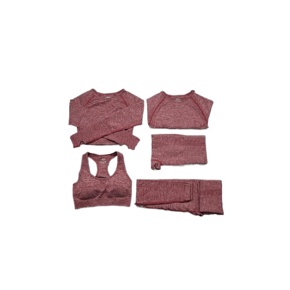 (Wine Red, 5Pcs Set) Women Seamless Yoga Set Gym SportWear Running Outwork Fitness Long SLeeve High Waist Tracksuit Sets