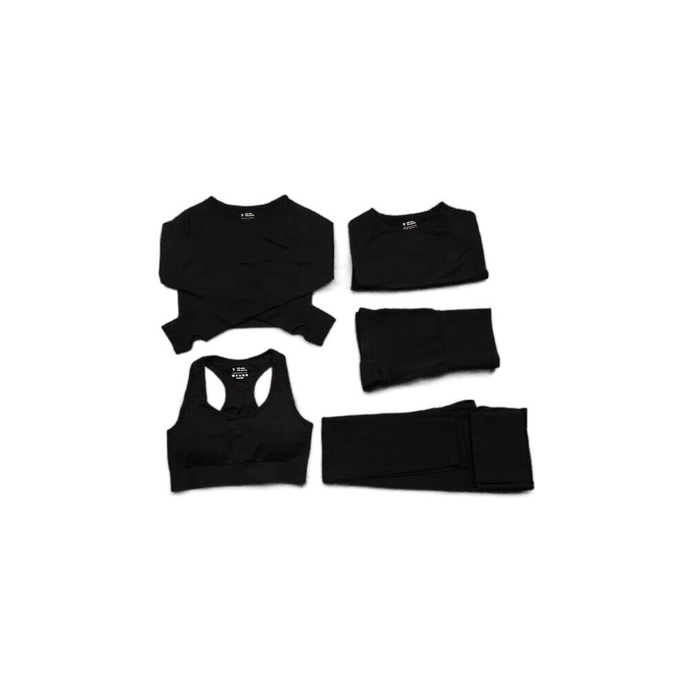(Black, 5Pcs Set) Women Seamless Yoga Set Gym SportWear Running Outwork Fitness Long SLeeve High Waist Tracksuit Sets