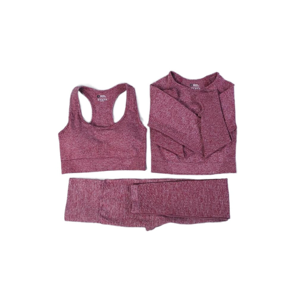 (Wine red, 3Pcs Set) Women Seamless Yoga Set Gym SportWear Running Outwork Fitness Long SLeeve High Waist Tracksuit Sets