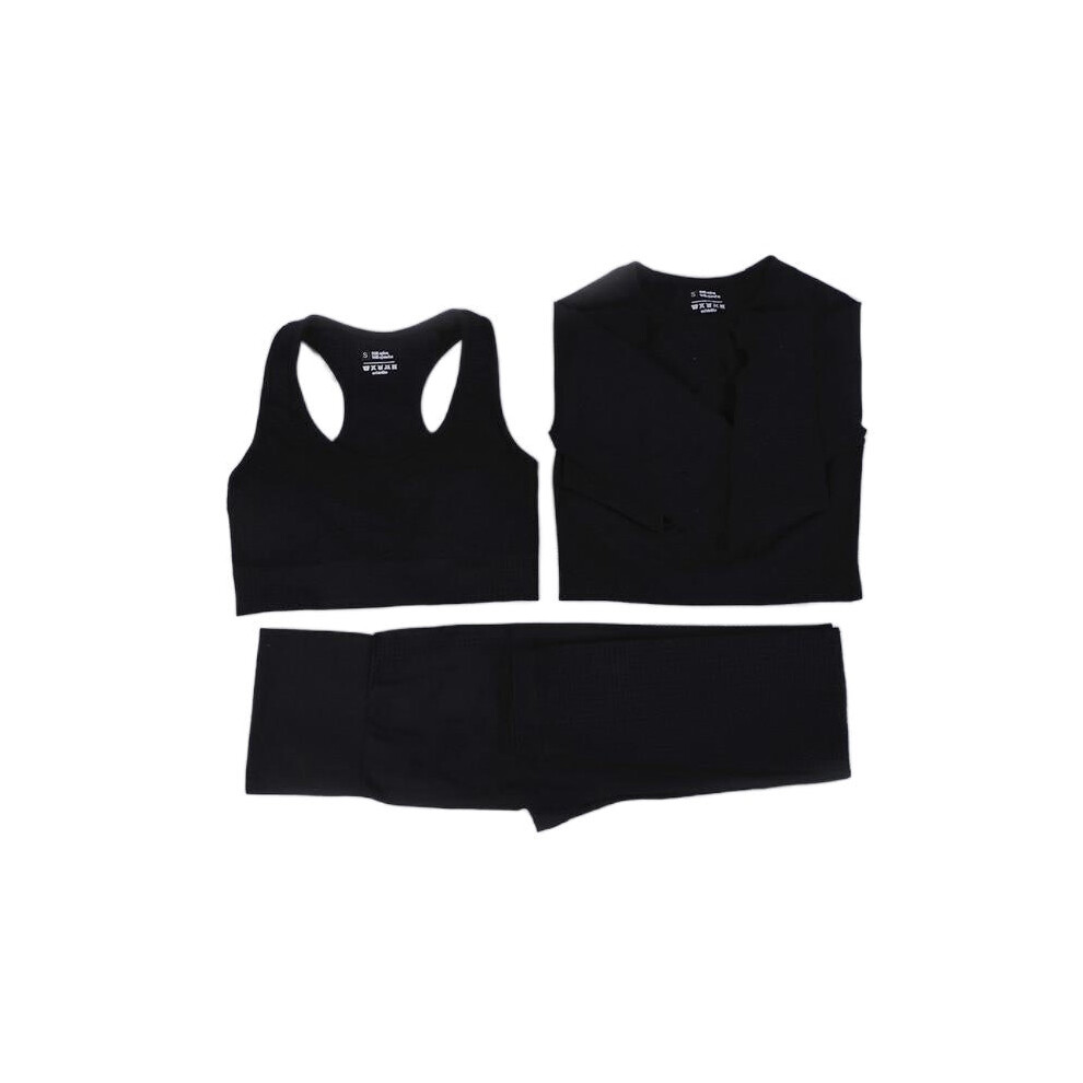 (Black, 3Pcs Set) Women Seamless Yoga Set Gym SportWear Running Outwork Fitness Long SLeeve High Waist Tracksuit Sets