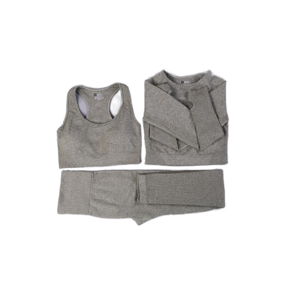 (Grey, 3Pcs Set) Women Seamless Yoga Set Gym SportWear Running Outwork Fitness Long SLeeve High Waist Tracksuit Sets