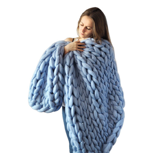 (Blue, S) Chunky Knitted Handmade Thick Blanket 1