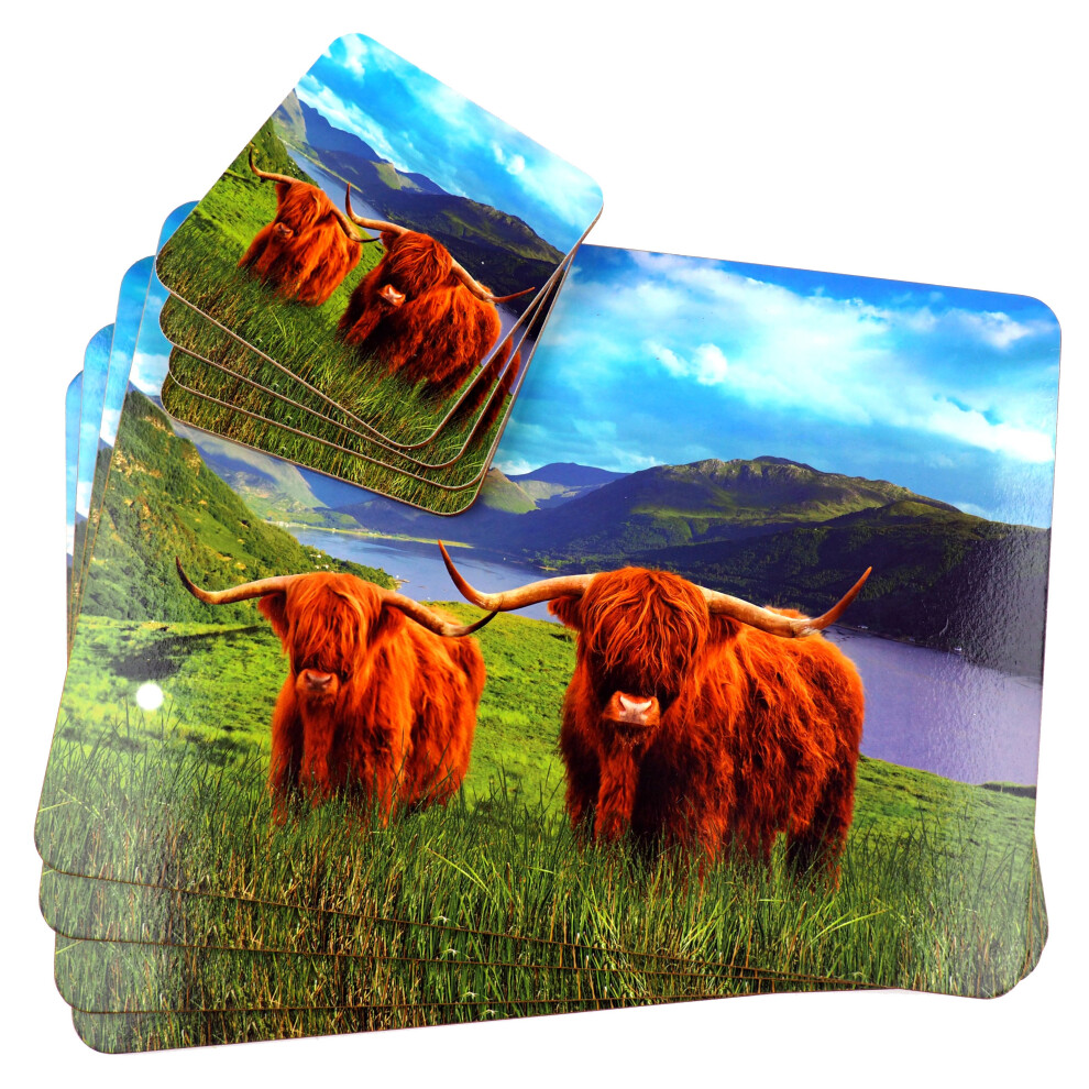 Highland Cow On Moors Scene Dinner Place Mats And 4 Coasters (Set of 4)