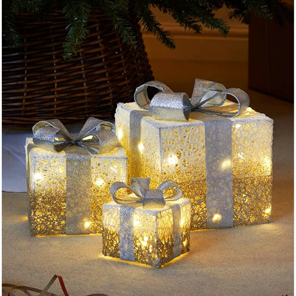 3x LED Light Up Snow Frosted Gift Boxes Faux Christmas Parcel Presents