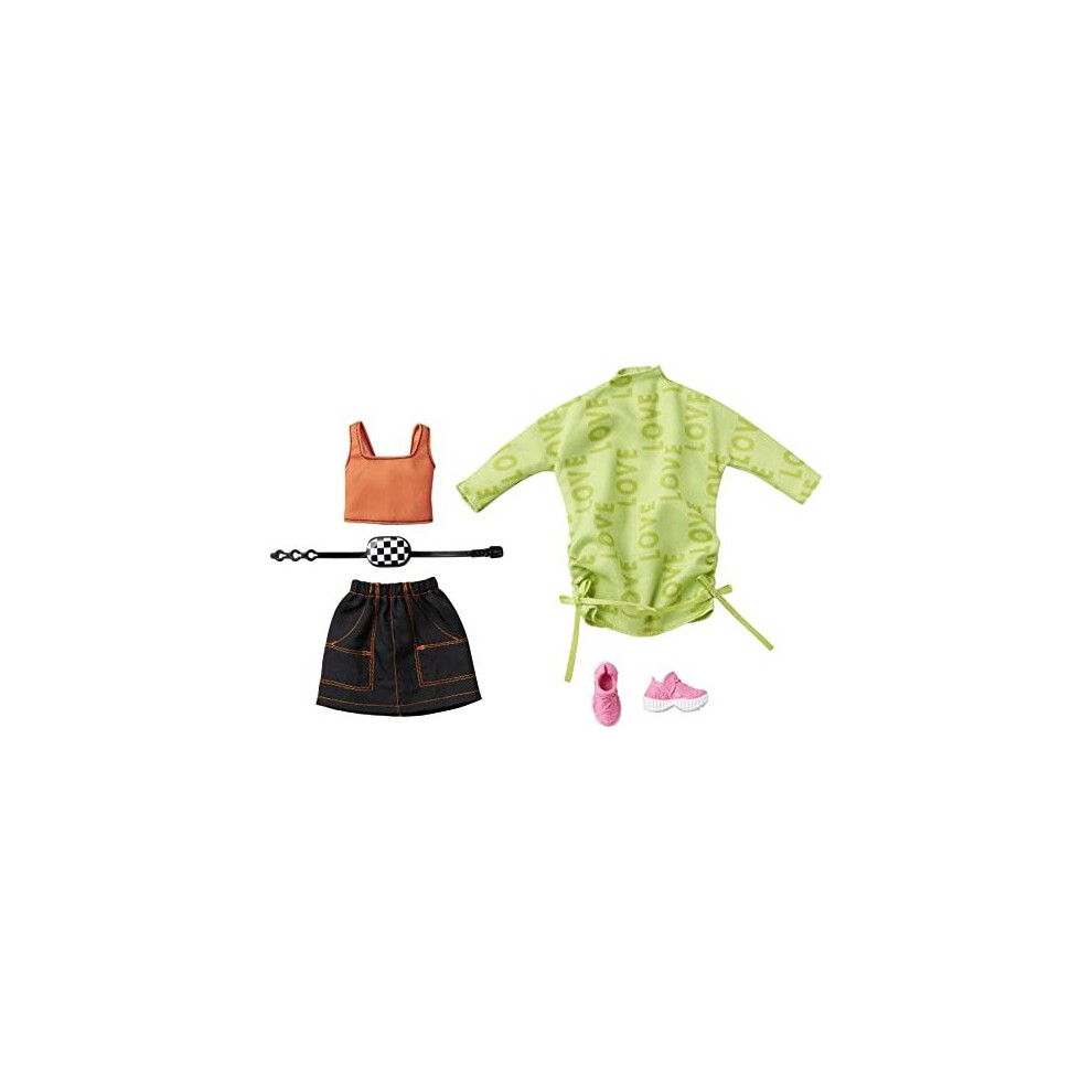 Barbie Fashions 2-Pack Clothing Set, 2 Outfits Doll Includes Green Sweatshirt Dress, Orange Sleeveless Top & B