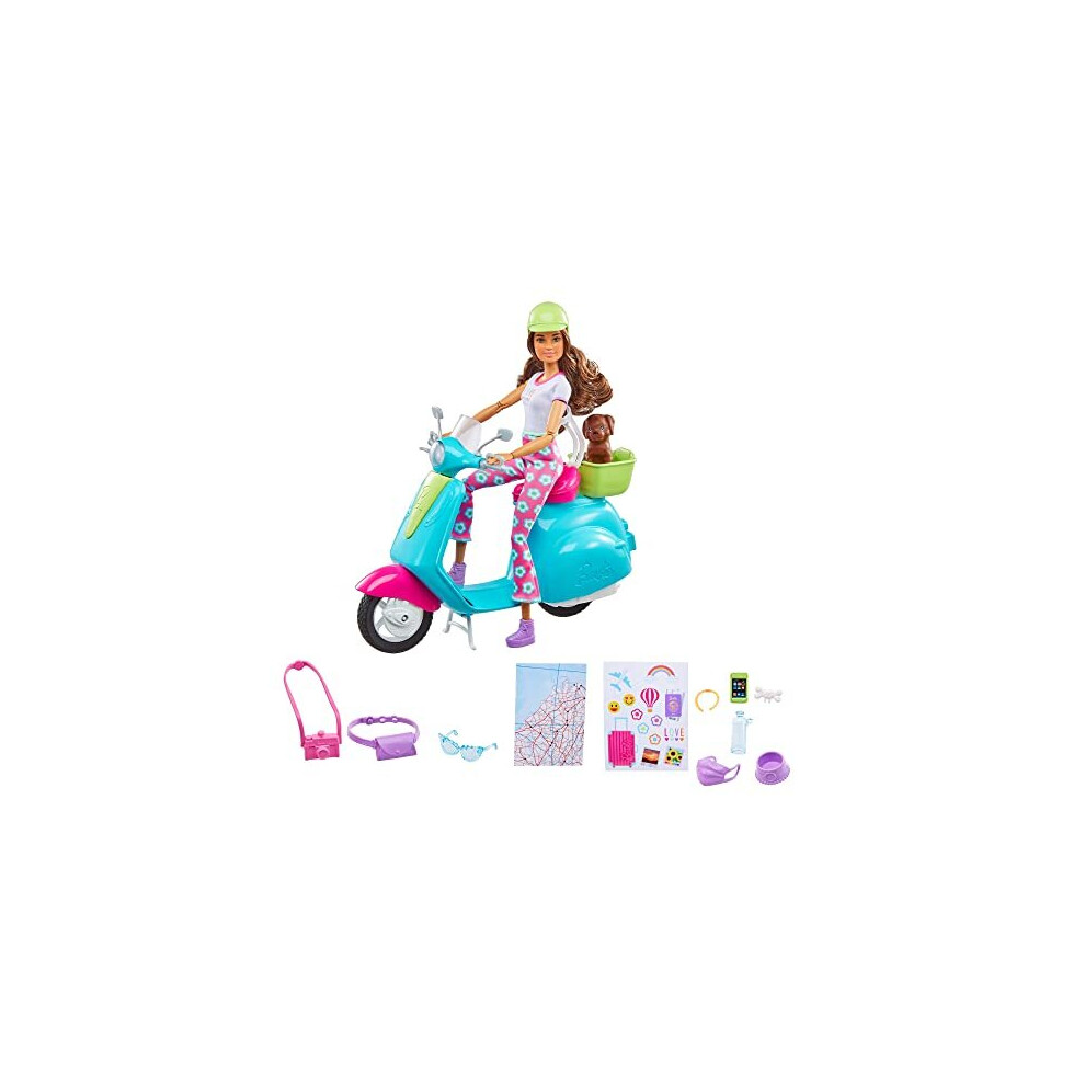 Barbie Travel Playset with Fashionistas Travel Doll (11.5 in Brunette) and Scooter, Pet Puppy, Stickers & Trav