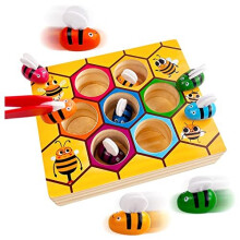 Celarlo Toddler Fine Motor Skill Toys, Clamp Bee to Hive Matching Game, Montessori Wooden Color Sorting Puzzle