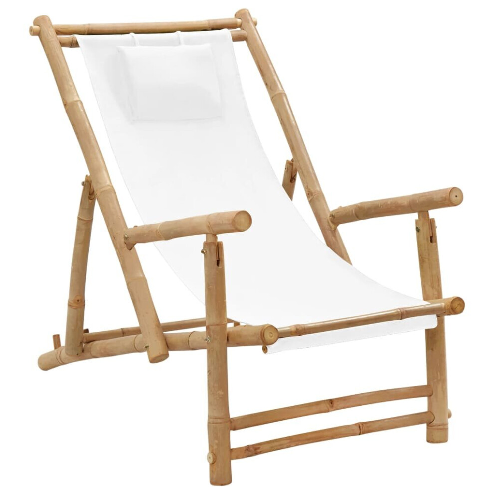 Vidaxl (Cream White) Deck Chair Bamboo And Canvas Patio Seat Outdoor Seating Garden Chair White,Cream